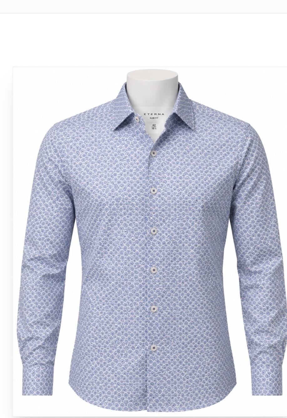 ETERNA Mens 42 16.5 Slim Fit Performance Shirt Blue Floral Lyocell Stretch